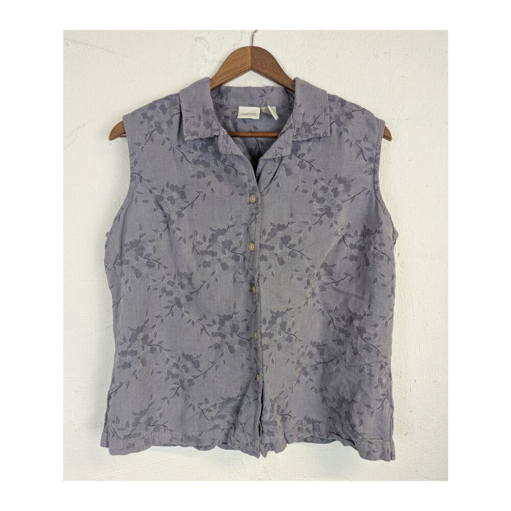 Vtg 90s Chambray Blouse Linen Cotton Blend Floral Embroidery Button Up Boxy XL